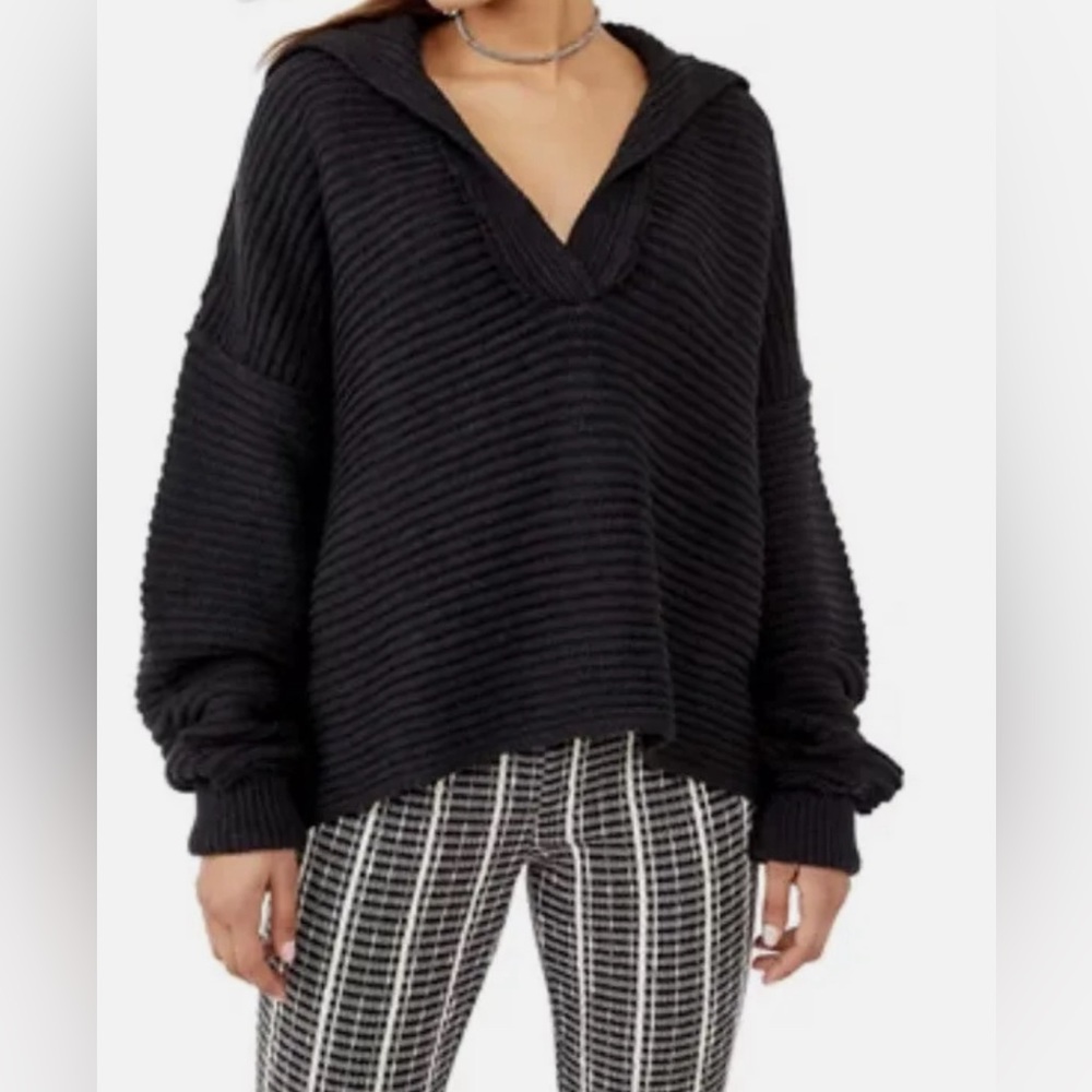 FREE PEOPLE Marlie Women's Black Oversized Plunge V-Neck Pullover Sweater S